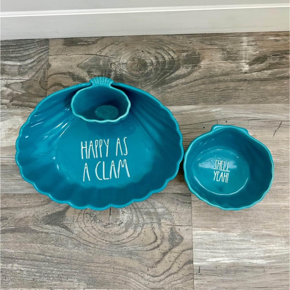 New Rae Dunn Teal Ceramic Chip & Dip Bowl Set Happy As A Clam Shell Yeah